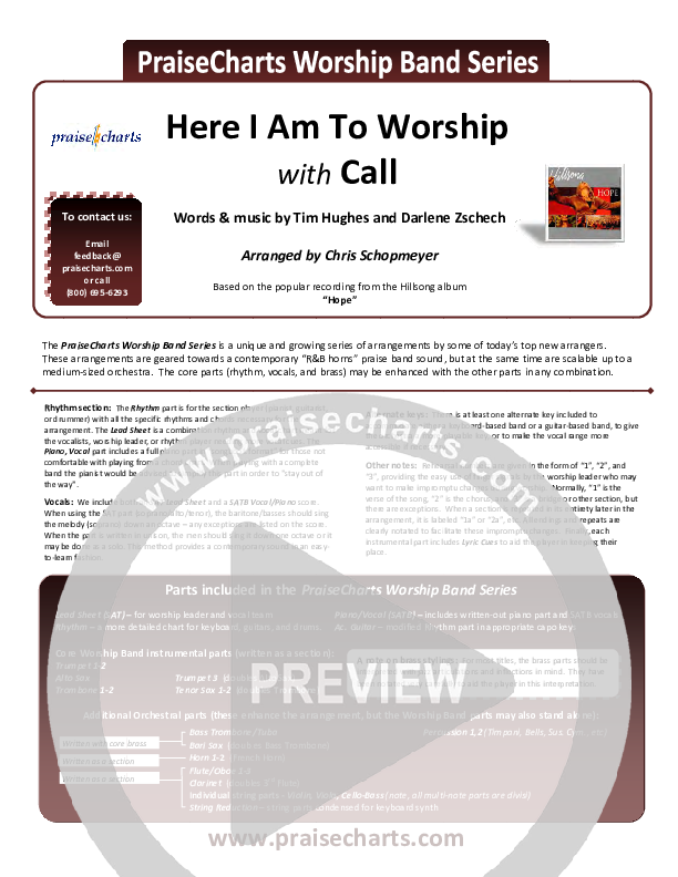Here I Am To Worship (with Call) Cover Sheet (Hillsong Worship)