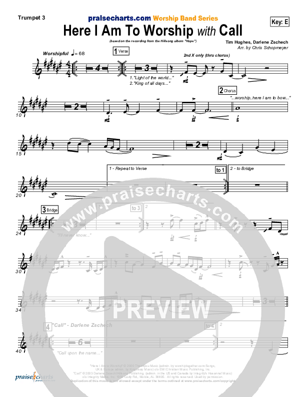 Here I Am To Worship (with Call) Trumpet 3 (Hillsong Worship)