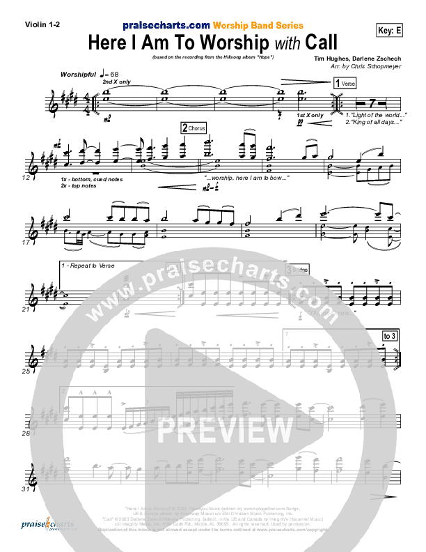 Here I Am To Worship (with Call) Violin 1/2 (Hillsong Worship)