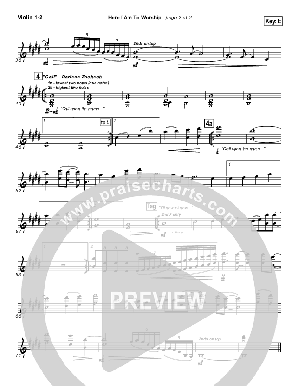 Here I Am To Worship (with Call) Violin 1/2 (Hillsong Worship)