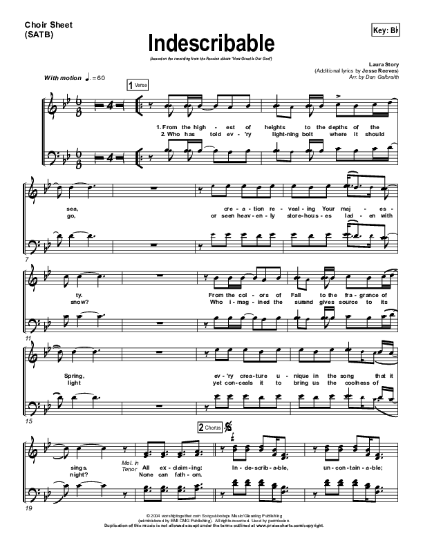 Indescribable Choir Sheet (SATB) (Chris Tomlin / Passion)