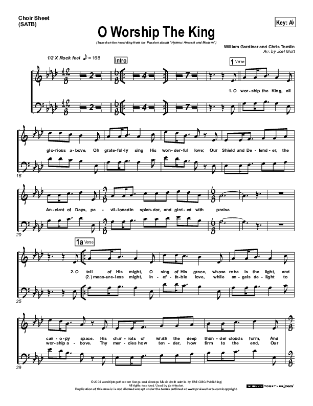 O Worship The King Choir Sheet (SATB) (Chris Tomlin / Passion)