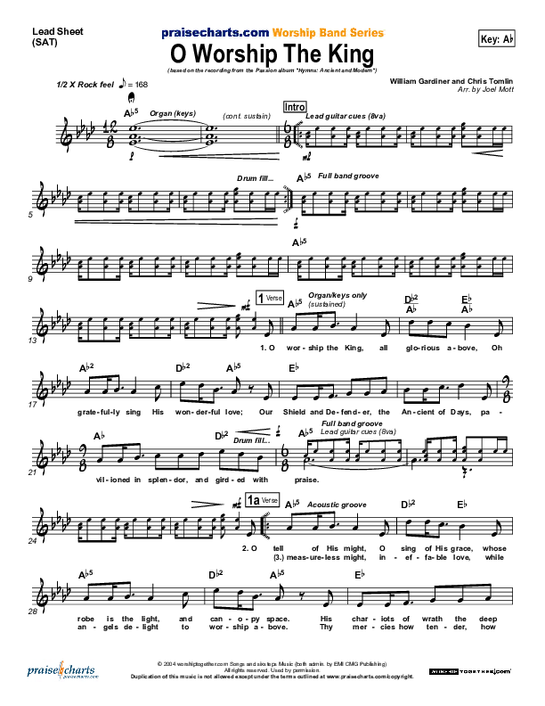 O Worship The King Lead Sheet (SAT) (Chris Tomlin / Passion)