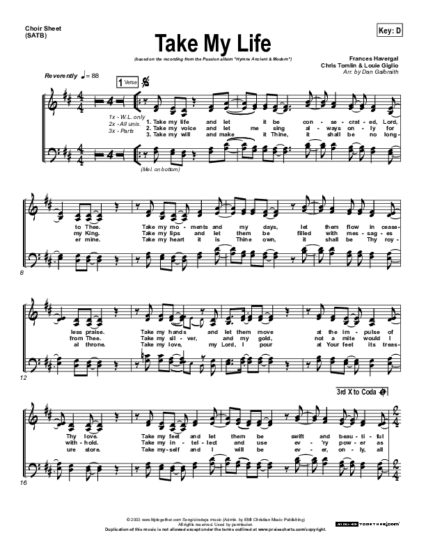 Take My Life Choir Sheet (SATB) (Chris Tomlin / Passion)