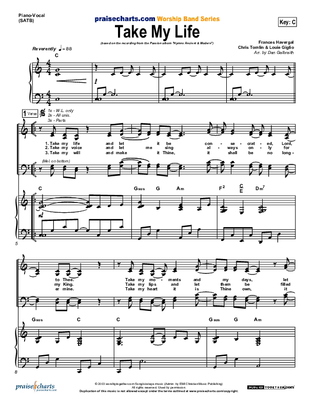 Take My Life Sheet Music PDF (Chris Tomlin / Passion) - PraiseCharts