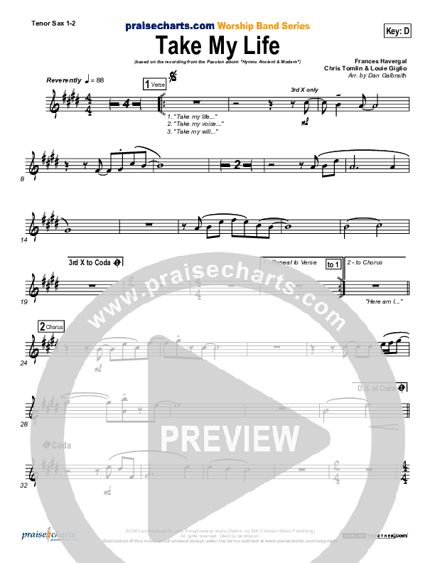 Take My Life Tenor Sax 1/2 (Chris Tomlin / Passion)