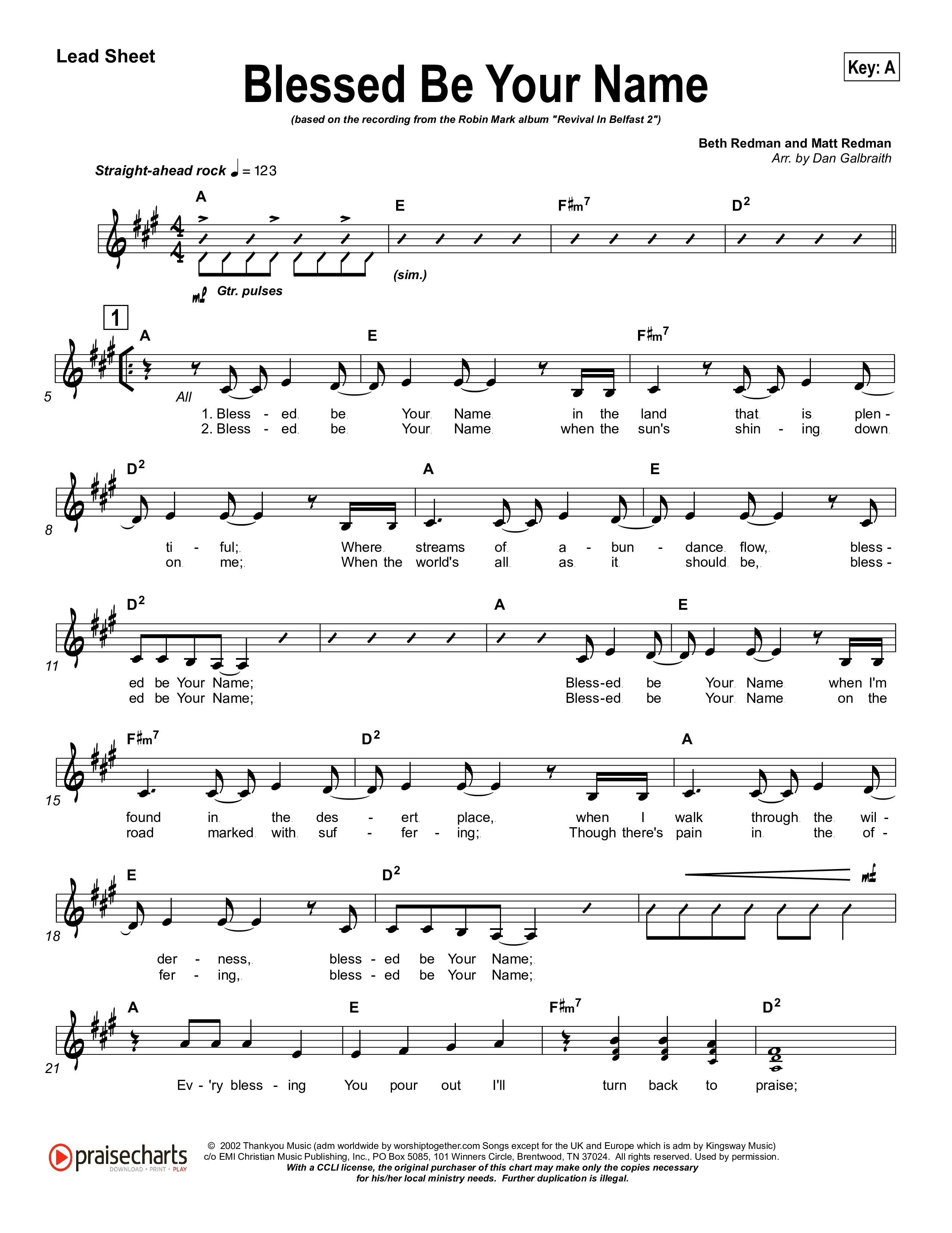 Blessed Be Your Name Lead Sheet (SAT) (Robin Mark)
