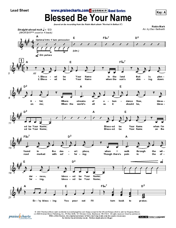 Blessed Be Your Name Lead Sheet (Robin Mark)