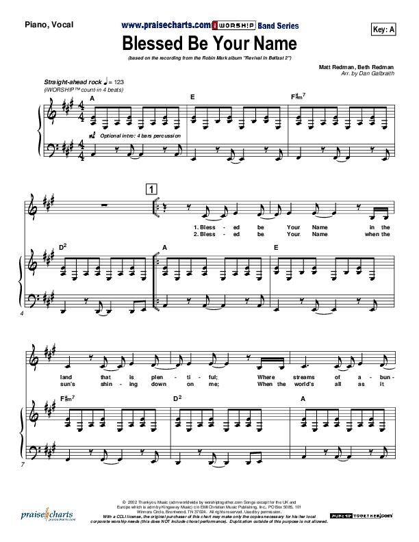 Blessed Be Your Name Piano/Vocal (Robin Mark)