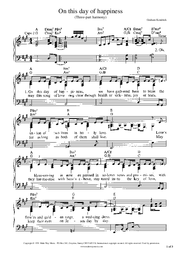 On This Day Of Happiness (Three Part Harmony) Piano/Vocal (Graham Kendrick)