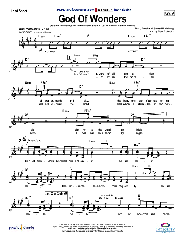 God Of Wonders Lead Sheet (SAT) (Paul Baloche)