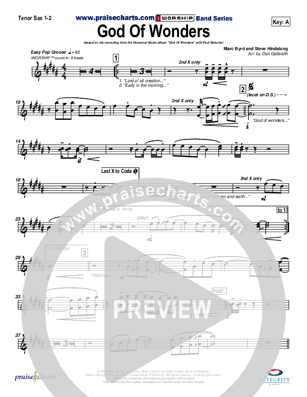 God Of Wonders Tenor Sax 1/2 (Paul Baloche)