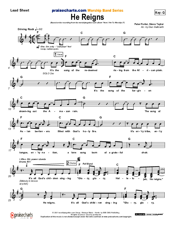 He Reigns Lead Sheet (SAT) (Newsboys)