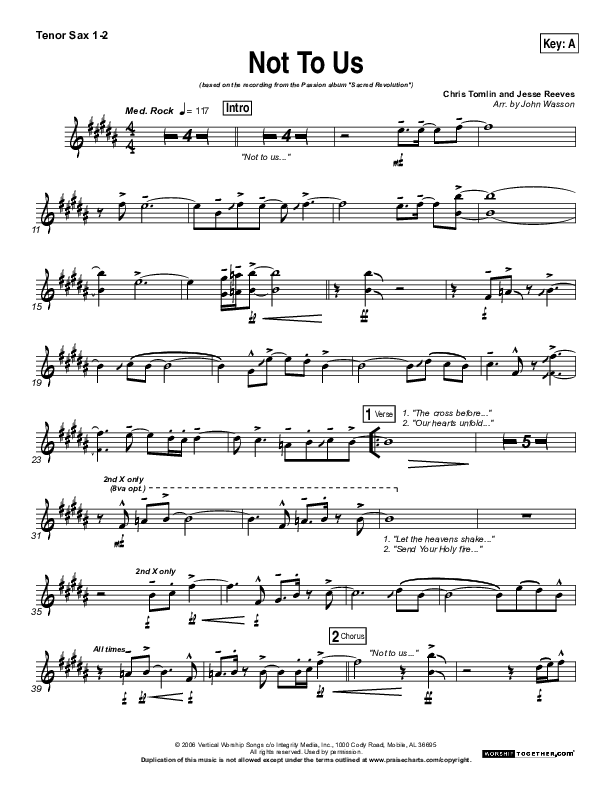 Not To Us Tenor Sax 1/2 (Chris Tomlin / Passion)