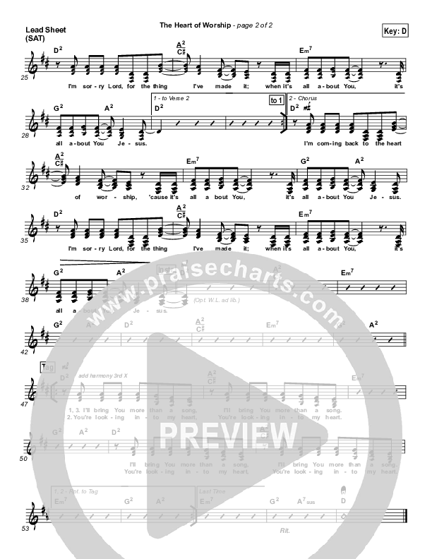 The Heart Of Worship Lead Sheet (SAT) (Matt Redman)