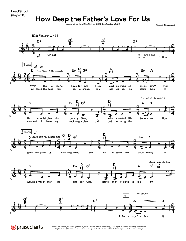 How Deep The Father's Love For Us Lead Sheet (Melody) (Stuart Townend)