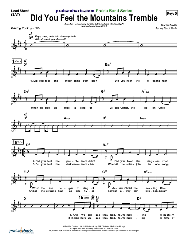 Did You Feel the Mountains Tremble Lead Sheet (SAT) (Delirious / Passion)