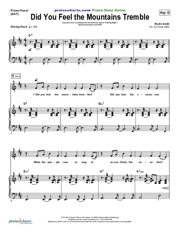 Did You Feel the Mountains Tremble Piano/Vocal (SAT) (Delirious / Passion)