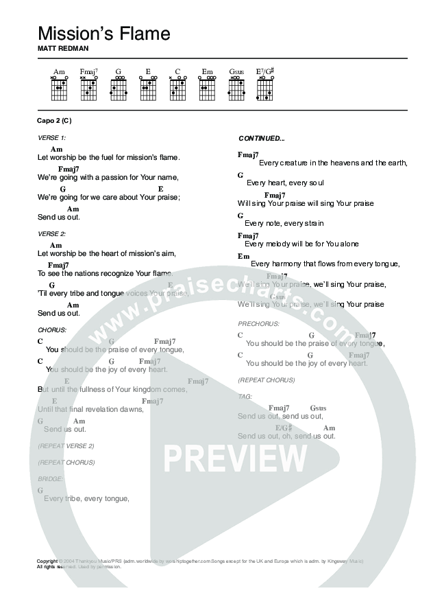 Mission's Flame Chord Chart (Matt Redman)