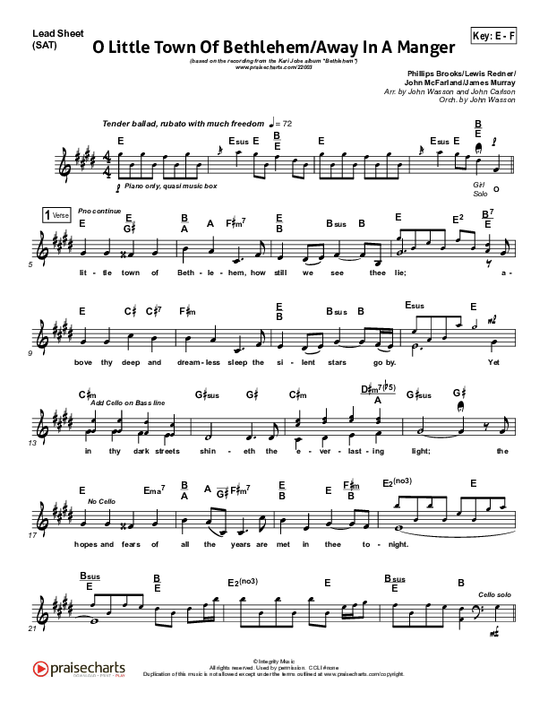 O Little Town Of Bethlehem (with Away In A Manger) Lead Sheet (SAT) (Kari Jobe)