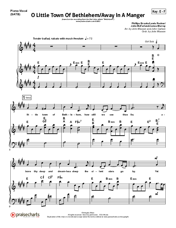O Little Town Of Bethlehem (with Away In A Manger) Piano/Vocal (SATB) (Kari Jobe)