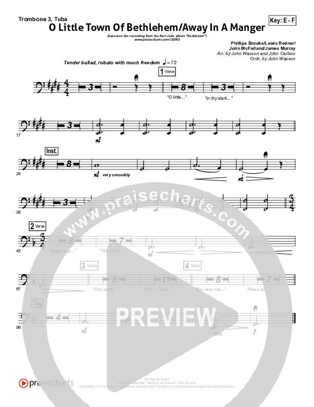 O Little Town Of Bethlehem (with Away In A Manger) Trombone 3/Tuba (Kari Jobe)