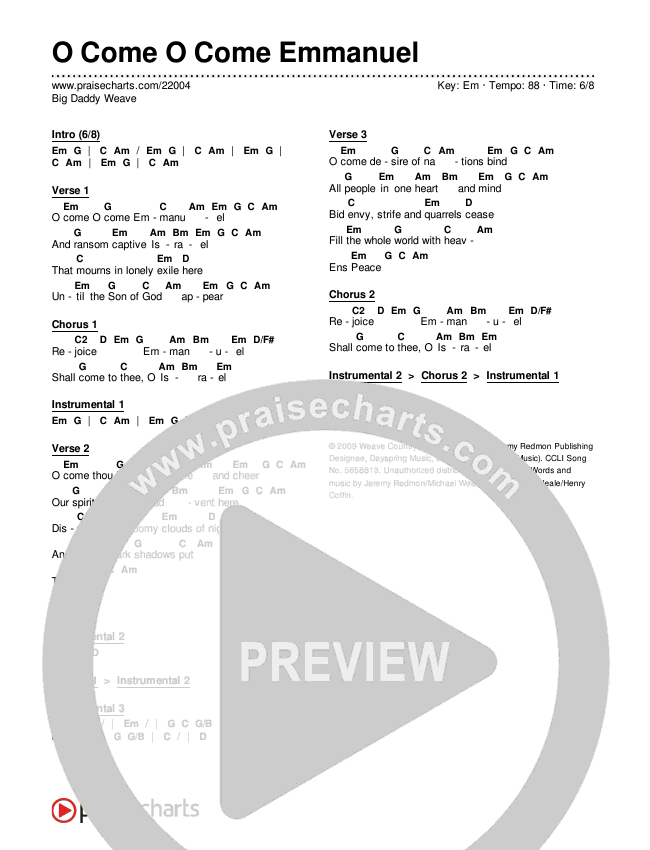 O Come O Come Emmanuel Chords & Lyrics (Big Daddy Weave)