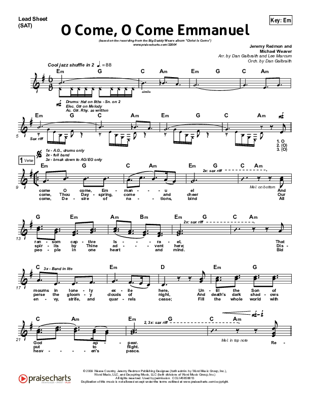 O Come O Come Emmanuel Lead Sheet (Big Daddy Weave)