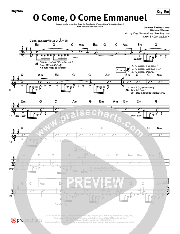 O Come O Come Emmanuel Rhythm Chart (Big Daddy Weave)