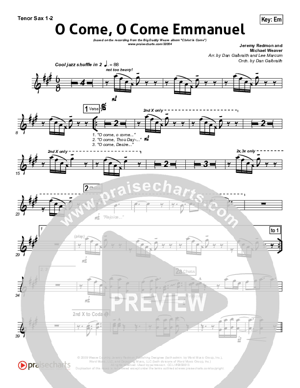 O Come O Come Emmanuel Tenor Sax 1/2 (Big Daddy Weave)