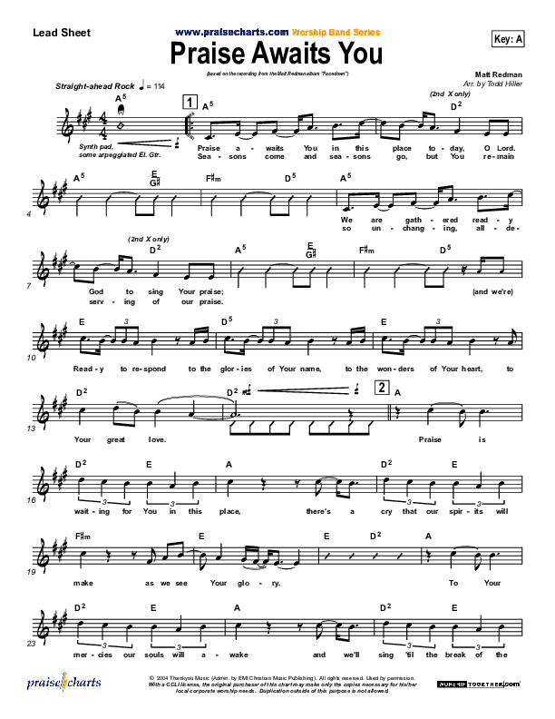 Praise Awaits You Lead Sheet (Matt Redman)