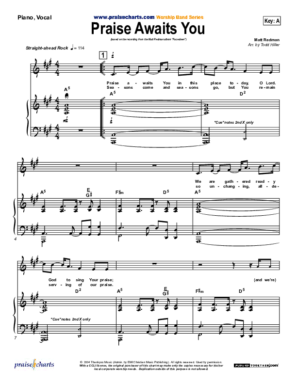 Praise Awaits You Piano/Vocal (Matt Redman)