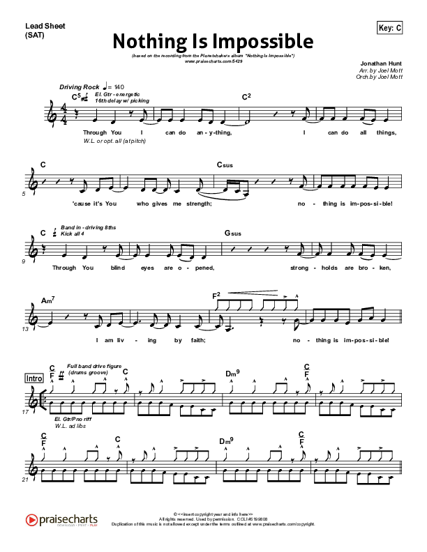 Nothing Is Impossible Lead Sheet (SAT) (Planetshakers)
