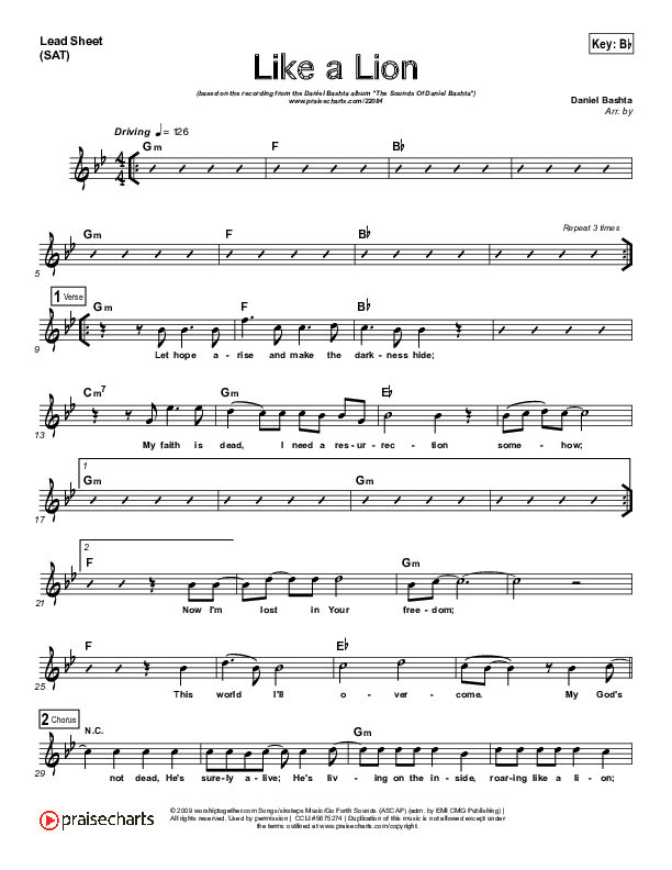 Like A Lion Lead Sheet (Daniel Bashta)