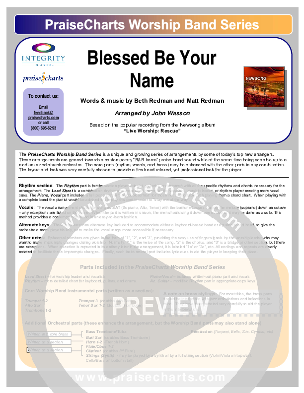 Blessed Be Your Name Cover Sheet (Newsong)