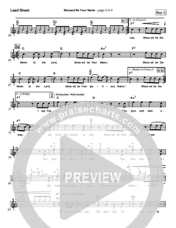 Blessed Be Your Name Lead Sheet (Newsong)