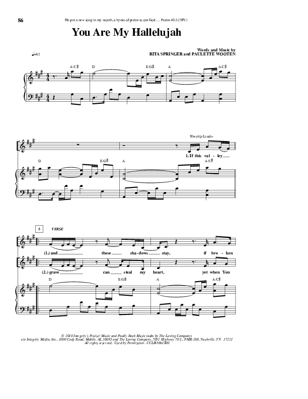 You Are My Hallelujah Piano/Vocal (Rita Springer)