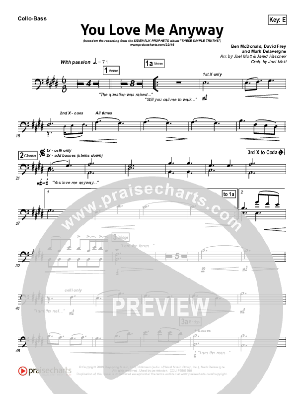 You Love Me Anyway Cello/Bass (Sidewalk Prophets)