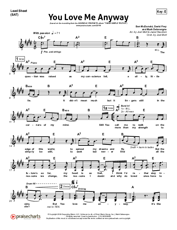 You Love Me Anyway Lead Sheet (SAT) (Sidewalk Prophets)