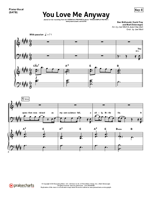 You Love Me Anyway Piano/Vocal (SATB) (Sidewalk Prophets)