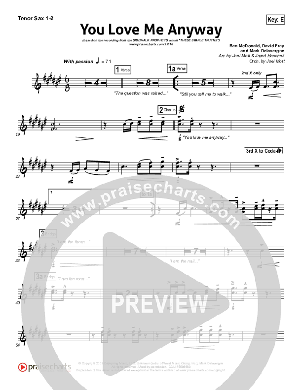 You Love Me Anyway Tenor Sax 1/2 (Sidewalk Prophets)