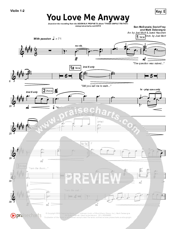 You Love Me Anyway Violin 1/2 (Sidewalk Prophets)