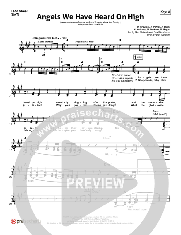 Angels We Have Heard On High Lead Sheet (SAT) (David Crowder)