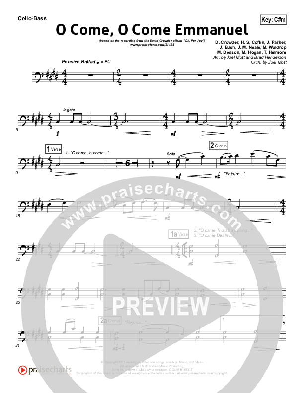 O Come O Come Emmanuel Cello/Bass (David Crowder)