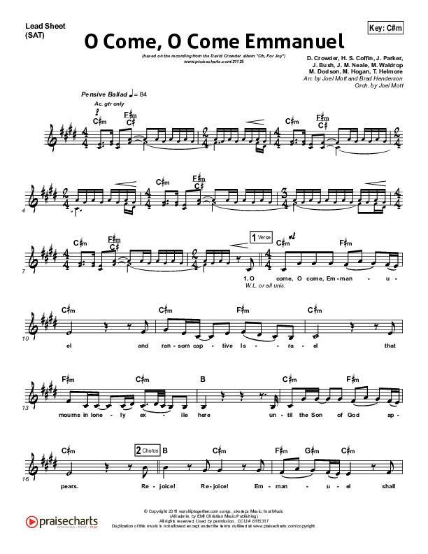 O Come O Come Emmanuel Lead Sheet (David Crowder)
