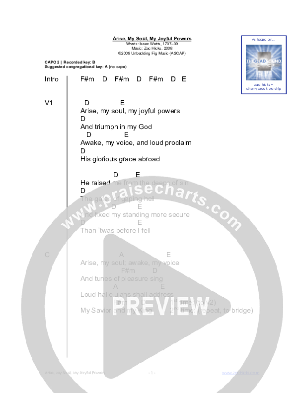 Arise My Soul My Joyful Powers Chord Chart (Zac Hicks / Cherry Creek Worship)