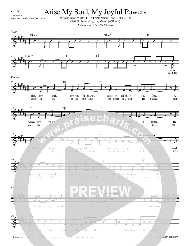 Arise My Soul My Joyful Powers Lead Sheet (Zac Hicks / Cherry Creek Worship)