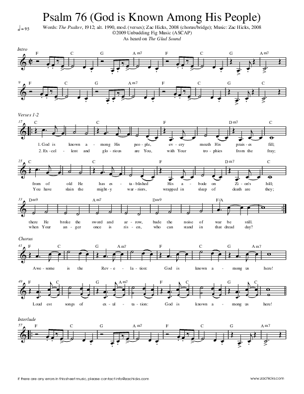 Psalm 76 (God Is Known Among His People) Lead Sheet (Zac Hicks / Cherry Creek Worship)