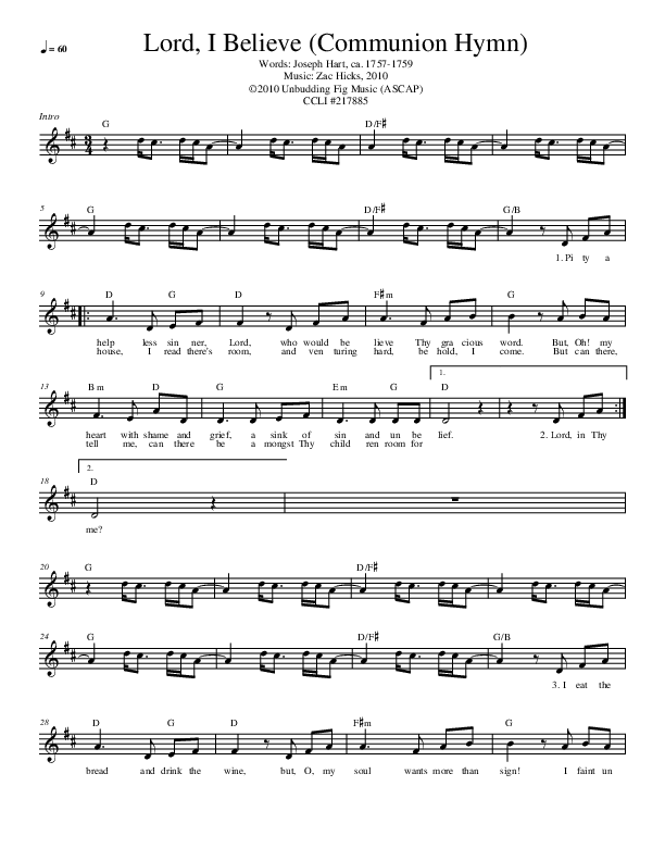 Lord I Believe Lead Sheet (Zac Hicks / Cherry Creek Worship)