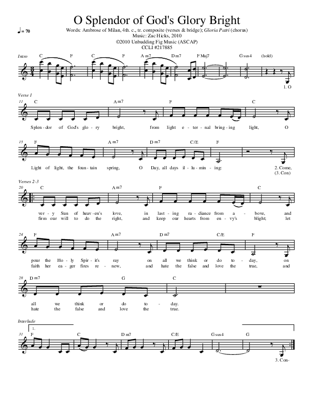 O Splendor Of God's Glory Bright Lead Sheet (Zac Hicks / Cherry Creek Worship)